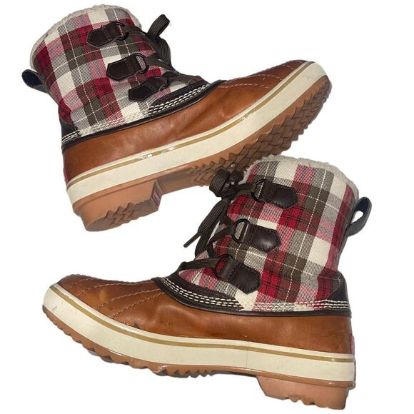 Sorel Tivoli Leather & Shearling Tan & Red Plaid Short Duck Boots - Size 6‎ - Picture 4 of 8